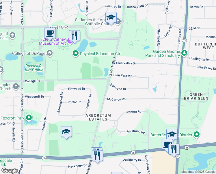 map of restaurants, bars, coffee shops, grocery stores, and more near 25357 South Park Boulevard in Glen Ellyn