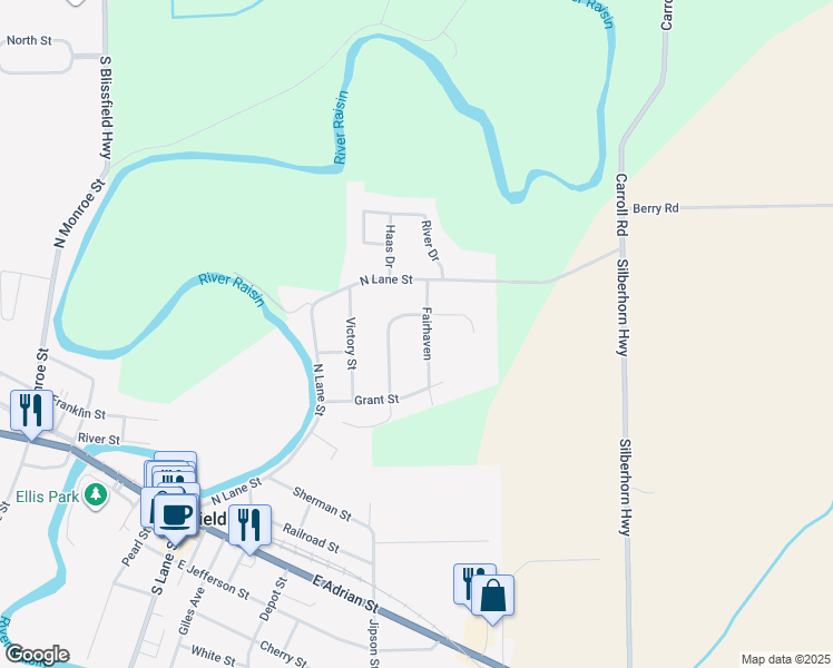 map of restaurants, bars, coffee shops, grocery stores, and more near 402 Woodmont in Blissfield