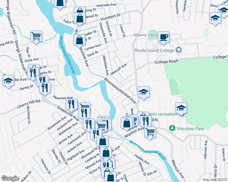 map of restaurants, bars, coffee shops, grocery stores, and more near 1 Tag Drive in North Providence
