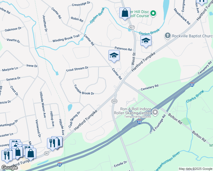 map of restaurants, bars, coffee shops, grocery stores, and more near 141 Tumble Brook Drive in Vernon