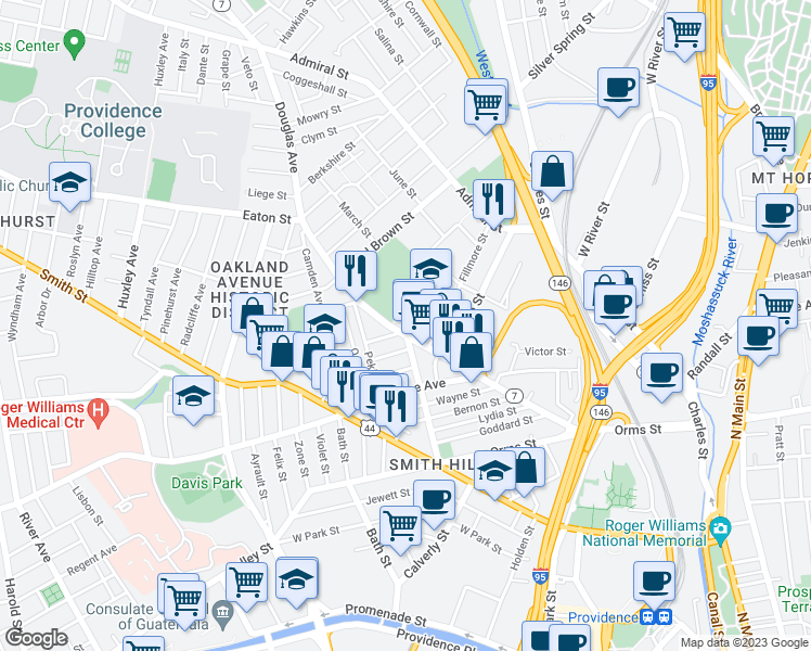 map of restaurants, bars, coffee shops, grocery stores, and more near 16 Times Way in Providence