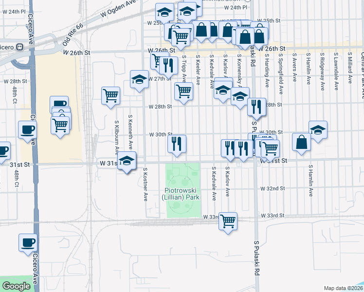 map of restaurants, bars, coffee shops, grocery stores, and more near 3026 South Tripp Avenue in Chicago