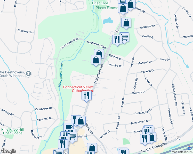 map of restaurants, bars, coffee shops, grocery stores, and more near 273 Talcottville Road in Vernon