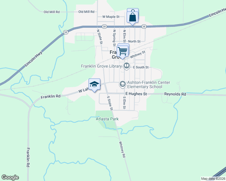 map of restaurants, bars, coffee shops, grocery stores, and more near 131 West Hughes Street in Franklin Grove