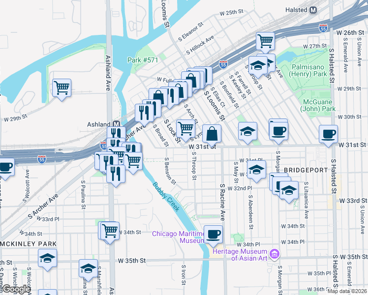 map of restaurants, bars, coffee shops, grocery stores, and more near W 31st St & S Lock St in Chicago