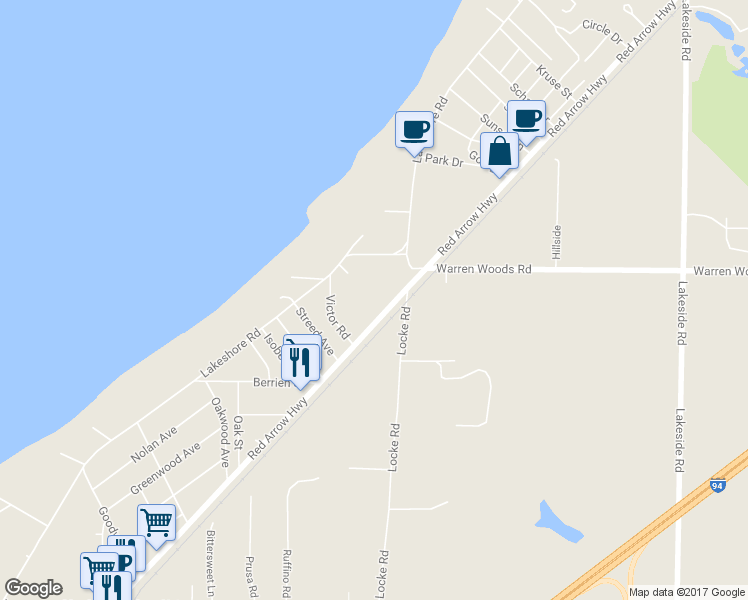 map of restaurants, bars, coffee shops, grocery stores, and more near 15560 Red Arrow Highway in Union Pier