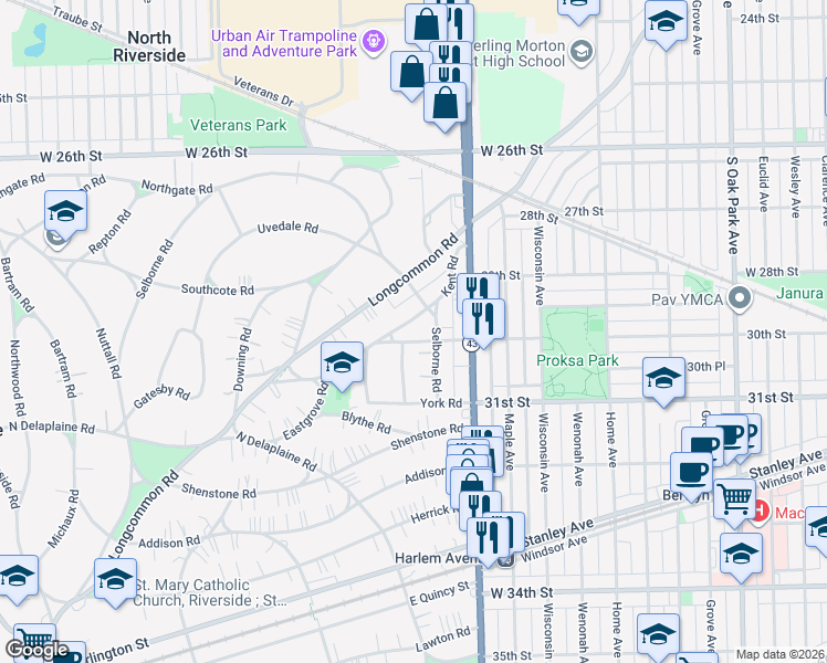 map of restaurants, bars, coffee shops, grocery stores, and more near 463 Kent Road in Riverside