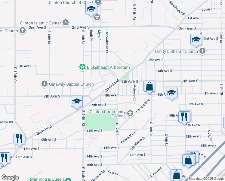 map of restaurants, bars, coffee shops, grocery stores, and more near 709 Elmhurst Court in Clinton