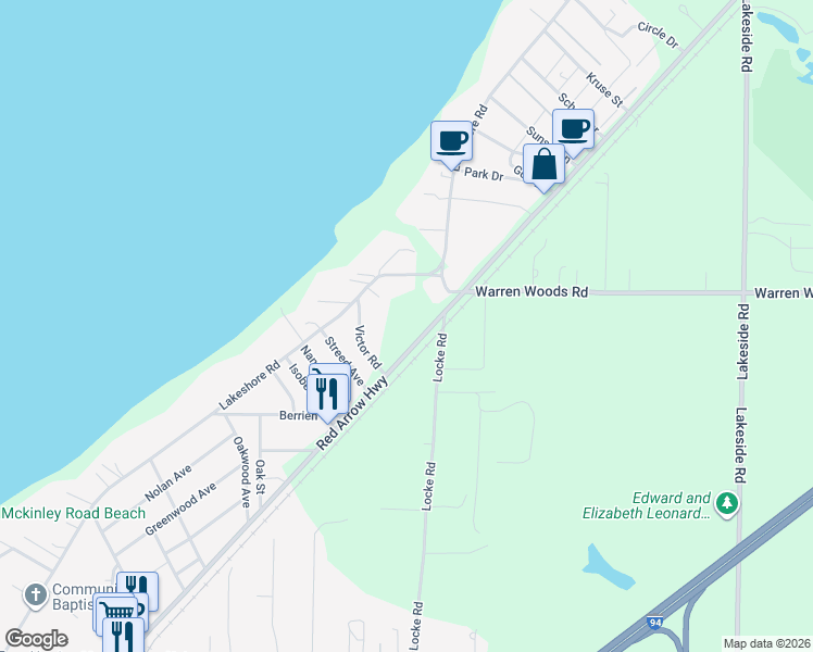 map of restaurants, bars, coffee shops, grocery stores, and more near 15560 Red Arrow Highway in Union Pier