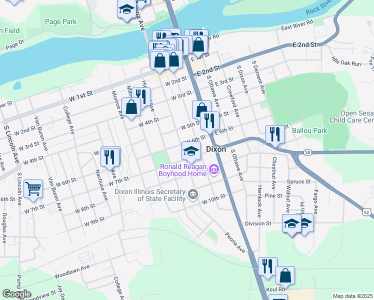 map of restaurants, bars, coffee shops, grocery stores, and more near 610 Peoria Avenue in Dixon