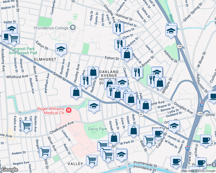 map of restaurants, bars, coffee shops, grocery stores, and more near 120 Oakland Avenue in Providence