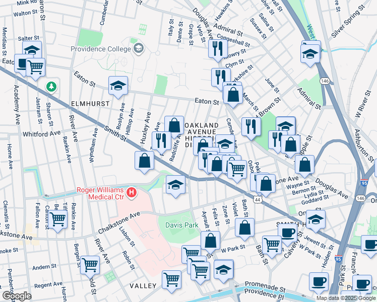 map of restaurants, bars, coffee shops, grocery stores, and more near 120 Oakland Avenue in Providence