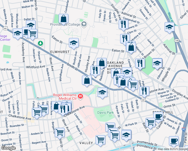 map of restaurants, bars, coffee shops, grocery stores, and more near 24 Pinehurst Avenue in Providence