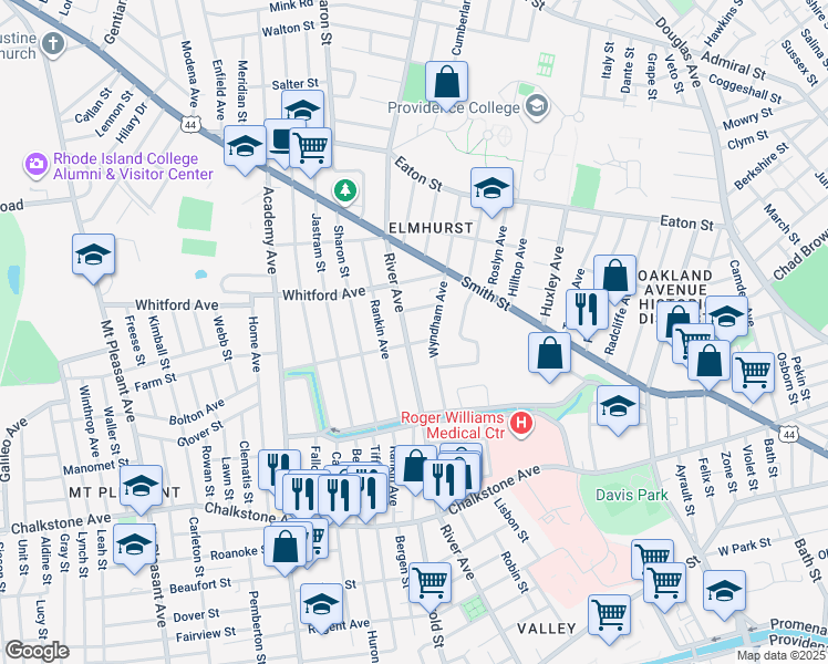 map of restaurants, bars, coffee shops, grocery stores, and more near 86 Wyndham Avenue in Providence