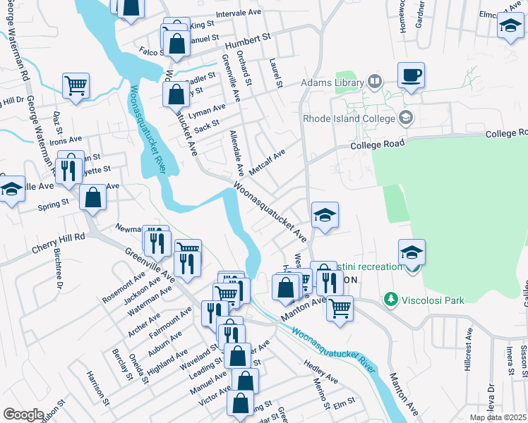 map of restaurants, bars, coffee shops, grocery stores, and more near 1 Tag Drive in North Providence