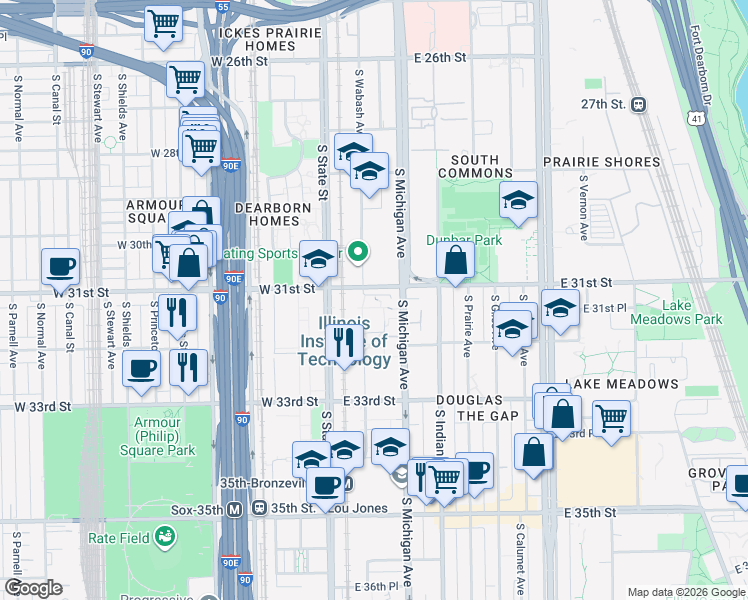 map of restaurants, bars, coffee shops, grocery stores, and more near 3100 South Michigan Avenue in Chicago