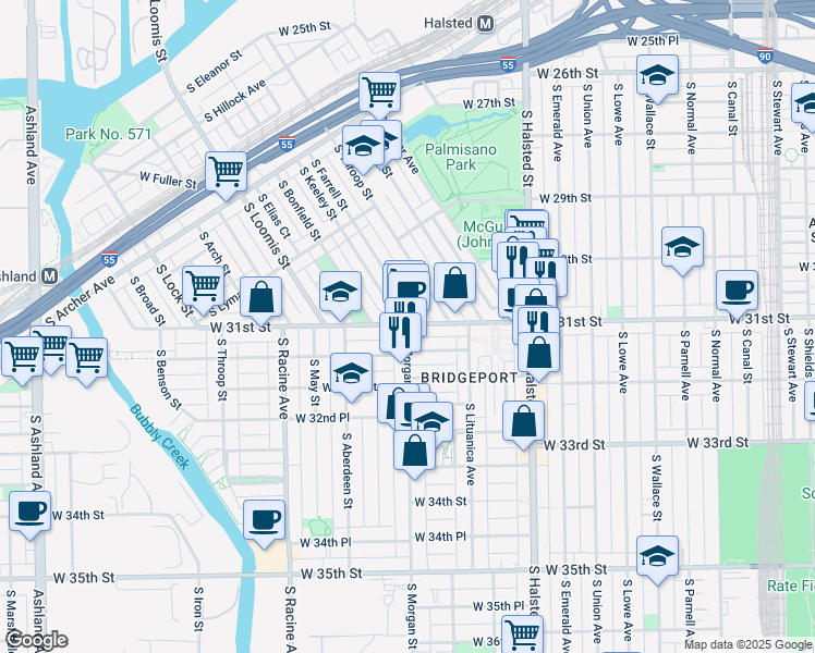 map of restaurants, bars, coffee shops, grocery stores, and more near 960 West 31st Street in Chicago