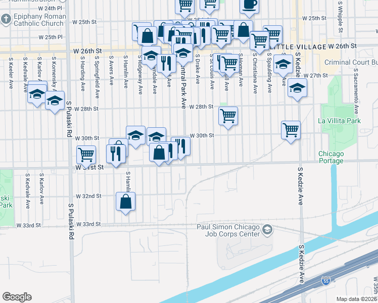 map of restaurants, bars, coffee shops, grocery stores, and more near 3031 South Central Park Avenue in Chicago