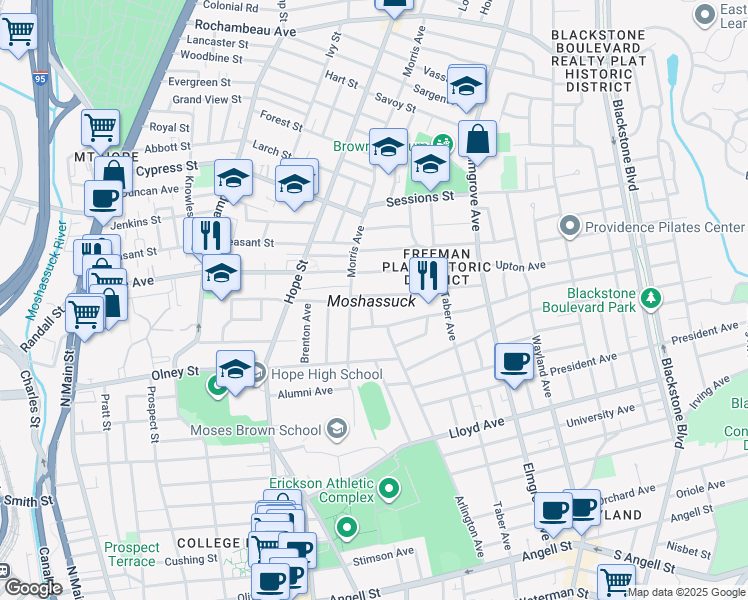 map of restaurants, bars, coffee shops, grocery stores, and more near 15 Abbottsford Court in Providence