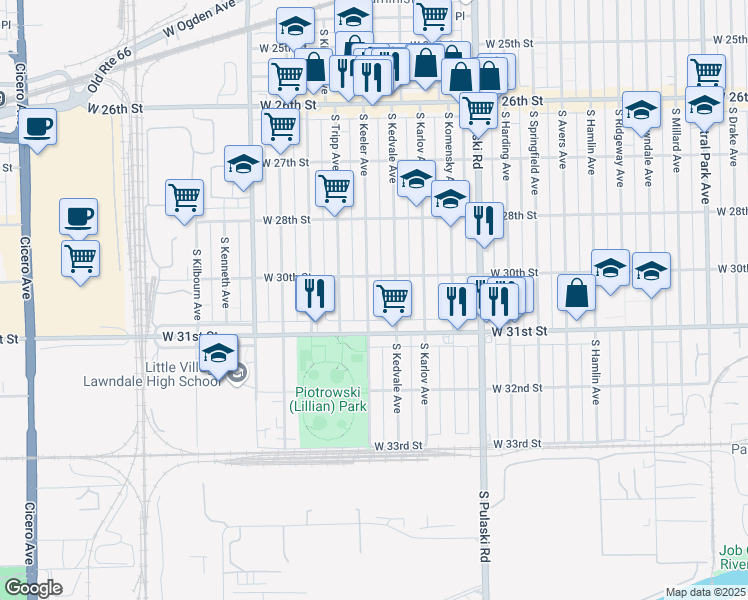 map of restaurants, bars, coffee shops, grocery stores, and more near 3023 South Keeler Avenue in Chicago