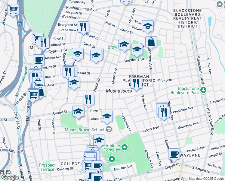 map of restaurants, bars, coffee shops, grocery stores, and more near 184 Morris Avenue in Providence