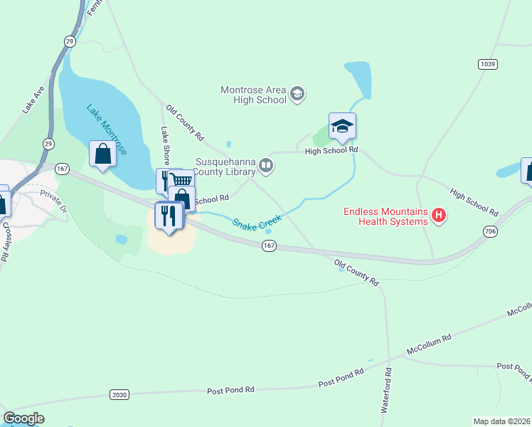 map of restaurants, bars, coffee shops, grocery stores, and more near 705 Old County Road in Montrose