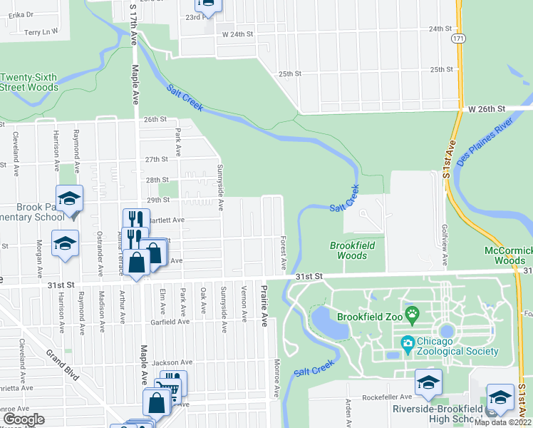 map of restaurants, bars, coffee shops, grocery stores, and more near 2919 Prairie Avenue in Brookfield