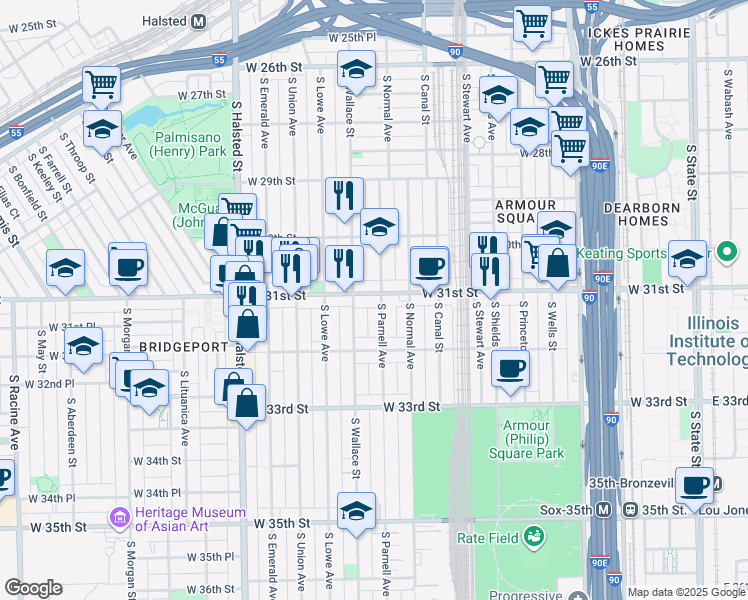 map of restaurants, bars, coffee shops, grocery stores, and more near 539 West 31st Street in Chicago