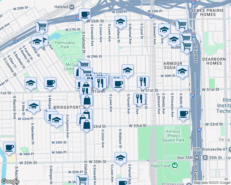 map of restaurants, bars, coffee shops, grocery stores, and more near 615 West 31st Street in Chicago