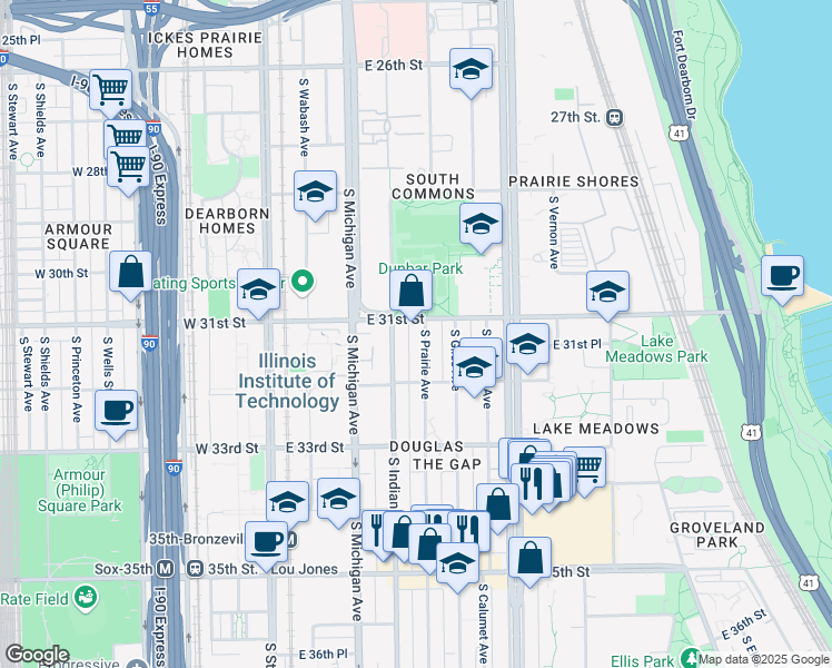 map of restaurants, bars, coffee shops, grocery stores, and more near 3112 South Prairie Avenue in Chicago