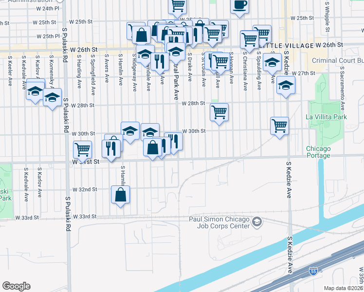 map of restaurants, bars, coffee shops, grocery stores, and more near 3031 South Central Park Avenue in Chicago