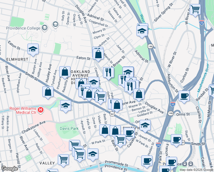 map of restaurants, bars, coffee shops, grocery stores, and more near 67 Osborn Street in Providence