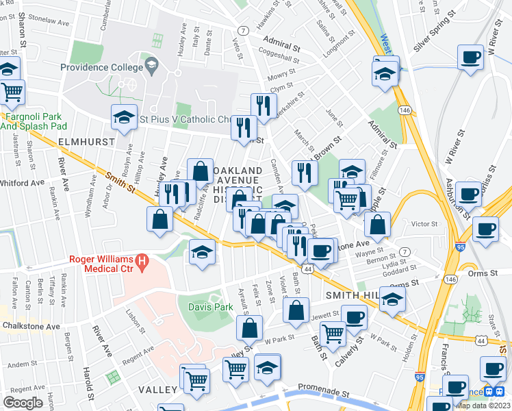 map of restaurants, bars, coffee shops, grocery stores, and more near 119 Ruggles Street in Providence