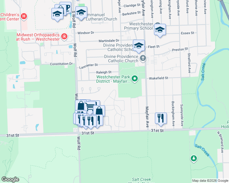 map of restaurants, bars, coffee shops, grocery stores, and more near 2803 Brighton Court in Westchester