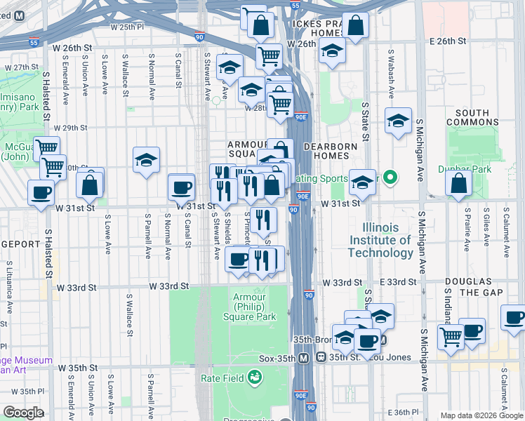 map of restaurants, bars, coffee shops, grocery stores, and more near 3102 South Wells Street in Chicago
