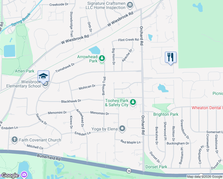 map of restaurants, bars, coffee shops, grocery stores, and more near 310 Oakwood Court in Wheaton
