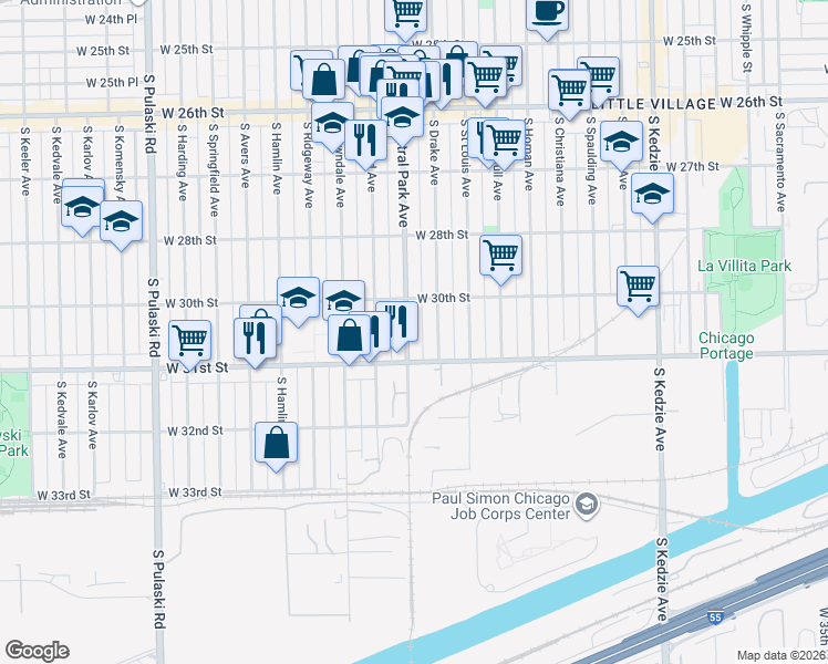 map of restaurants, bars, coffee shops, grocery stores, and more near 3031 South Central Park Avenue in Chicago