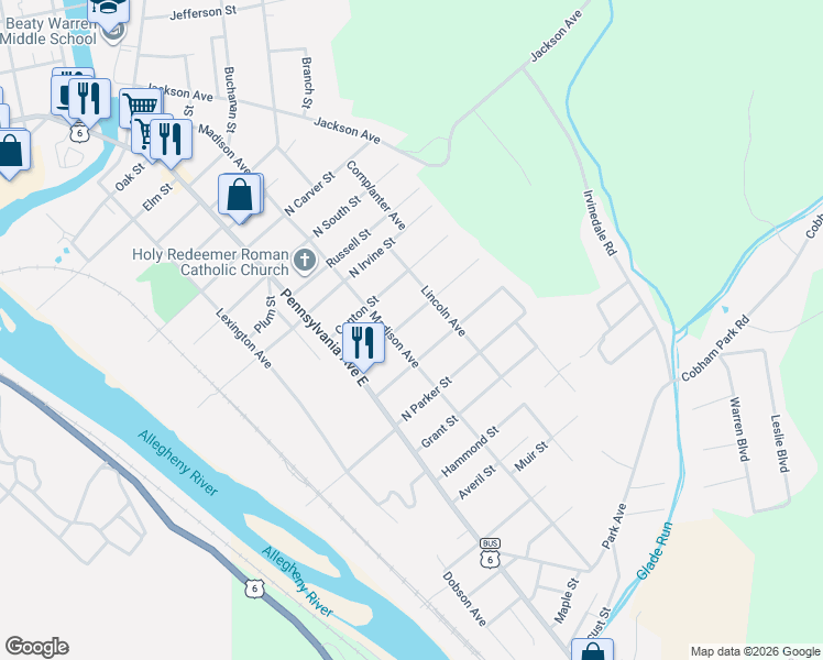 map of restaurants, bars, coffee shops, grocery stores, and more near 108 Central Avenue in Warren