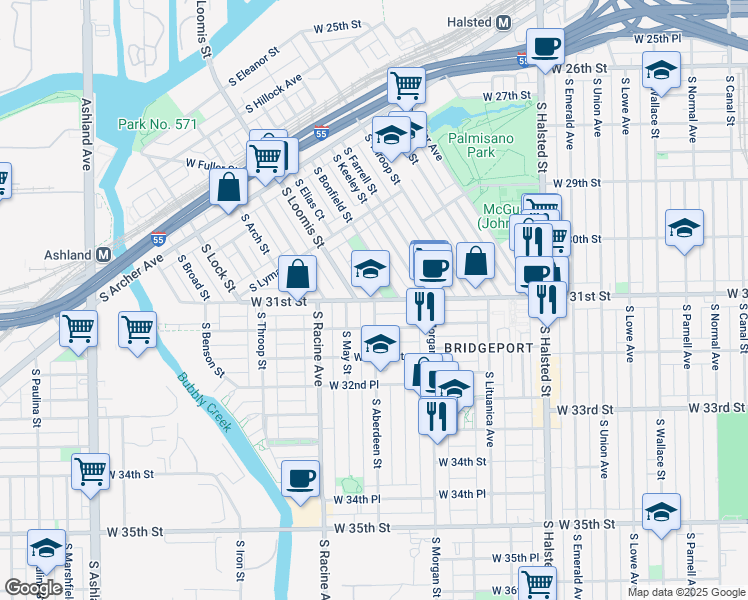 map of restaurants, bars, coffee shops, grocery stores, and more near 3100 South Aberdeen Street in Chicago