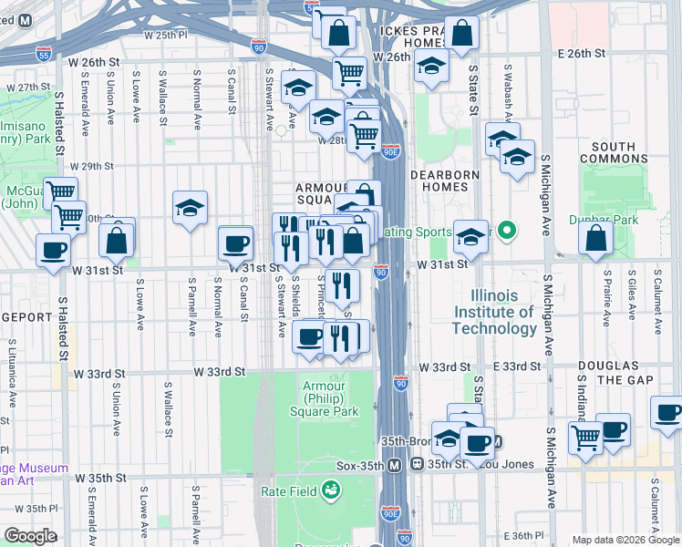 map of restaurants, bars, coffee shops, grocery stores, and more near 3106 South Wells Street in Chicago