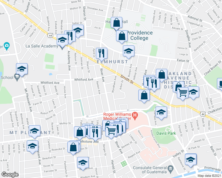 map of restaurants, bars, coffee shops, grocery stores, and more near 86 Wyndham Avenue in Providence