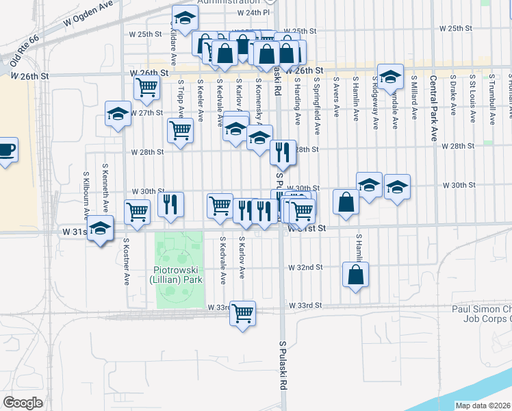 map of restaurants, bars, coffee shops, grocery stores, and more near 3022 S Komensky Ave in Chicago