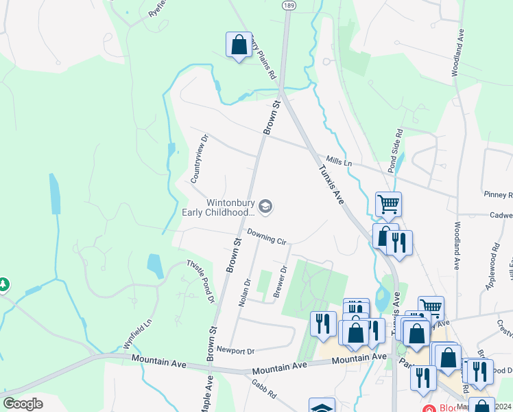 map of restaurants, bars, coffee shops, grocery stores, and more near 44 Brown Street in Bloomfield