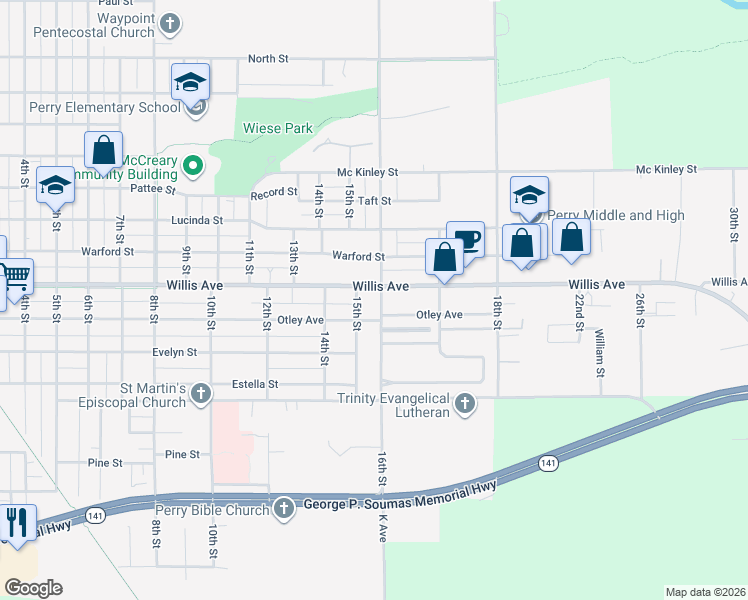 map of restaurants, bars, coffee shops, grocery stores, and more near 1017 16th Street in Perry