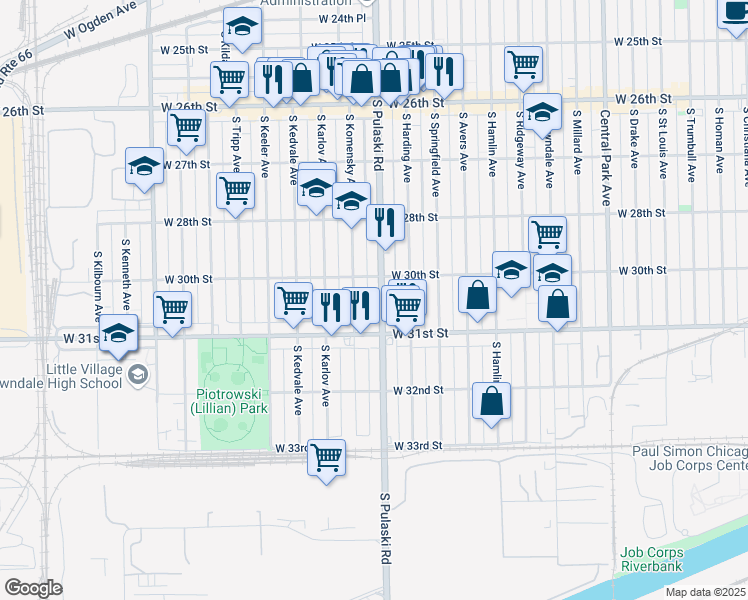 map of restaurants, bars, coffee shops, grocery stores, and more near 3022 South Pulaski Road in Chicago