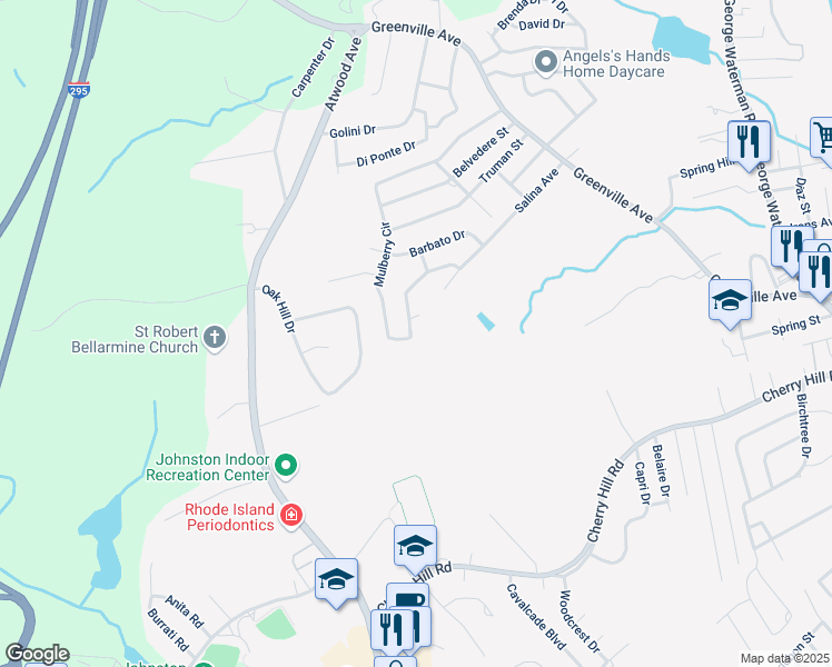 map of restaurants, bars, coffee shops, grocery stores, and more near 59 Mulberry Circle in Johnston