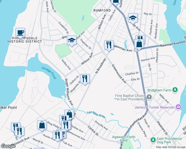 map of restaurants, bars, coffee shops, grocery stores, and more near 101 North Broadway in East Providence