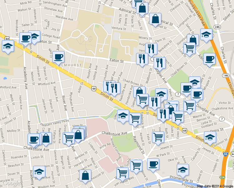 map of restaurants, bars, coffee shops, grocery stores, and more near 25 Pinehurst Avenue in Providence