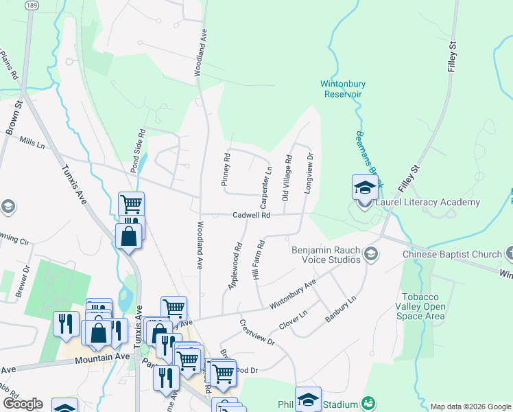 map of restaurants, bars, coffee shops, grocery stores, and more near 16 Cadwell Road in Bloomfield