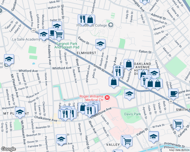 map of restaurants, bars, coffee shops, grocery stores, and more near 40 Arbor Dr in Providence